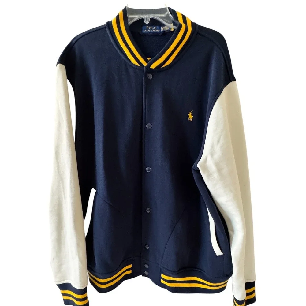 Polo Ralph Lauren Mens Varsity Letterman Jacket Navy Blue Yellow XL Logo Back